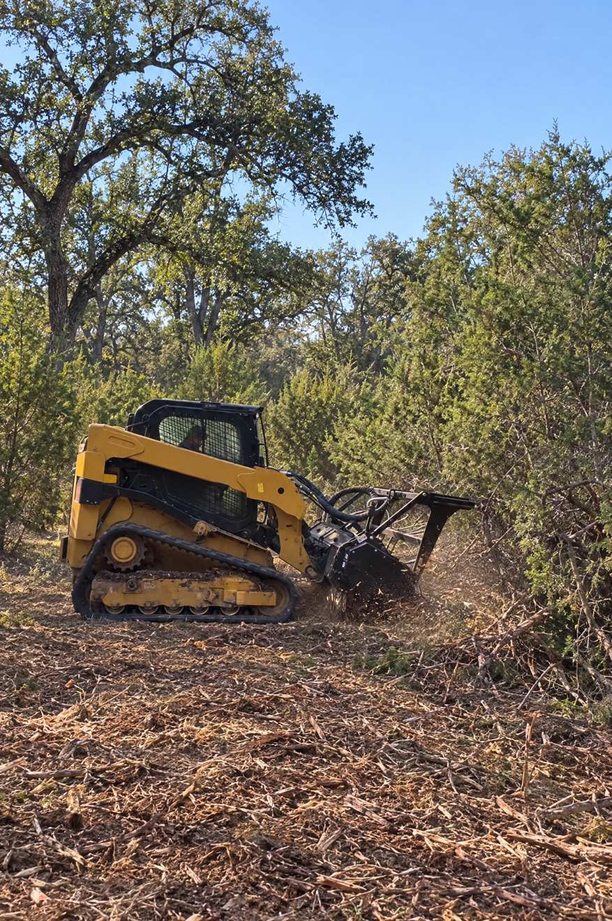 A tracked skid steer with a forestry mulcher grinding cedar on a North Texas property